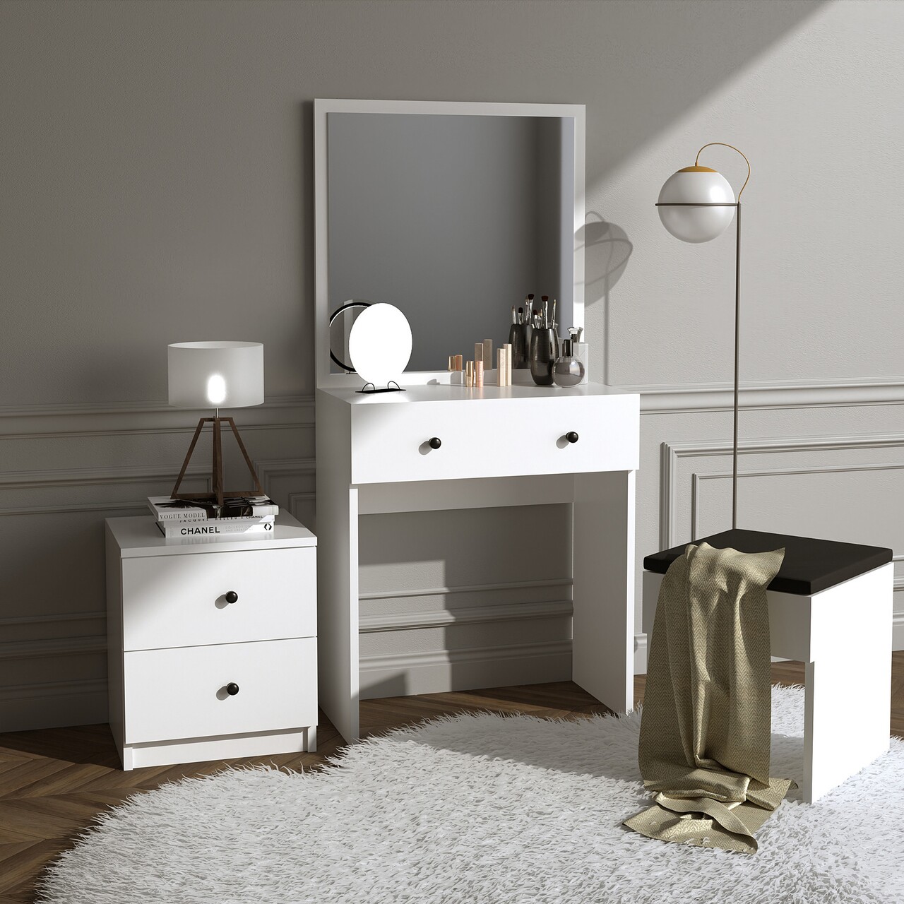 Masa de toaleta / machiaj cu oglinda, taburet si noptiera Nice, Elegance, 65x35x139 cm, alb - imagine 7